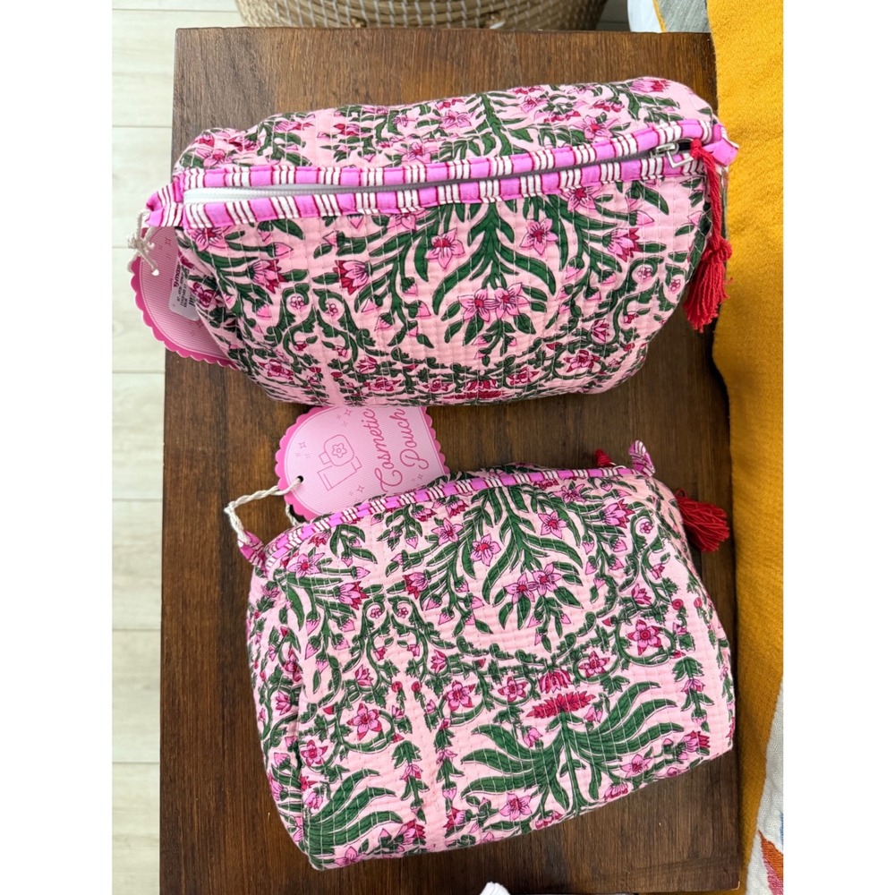 Set of 2 Quilted Pink & Green Floral Cosmetic Pouches Cotton Makeup Bags NWT